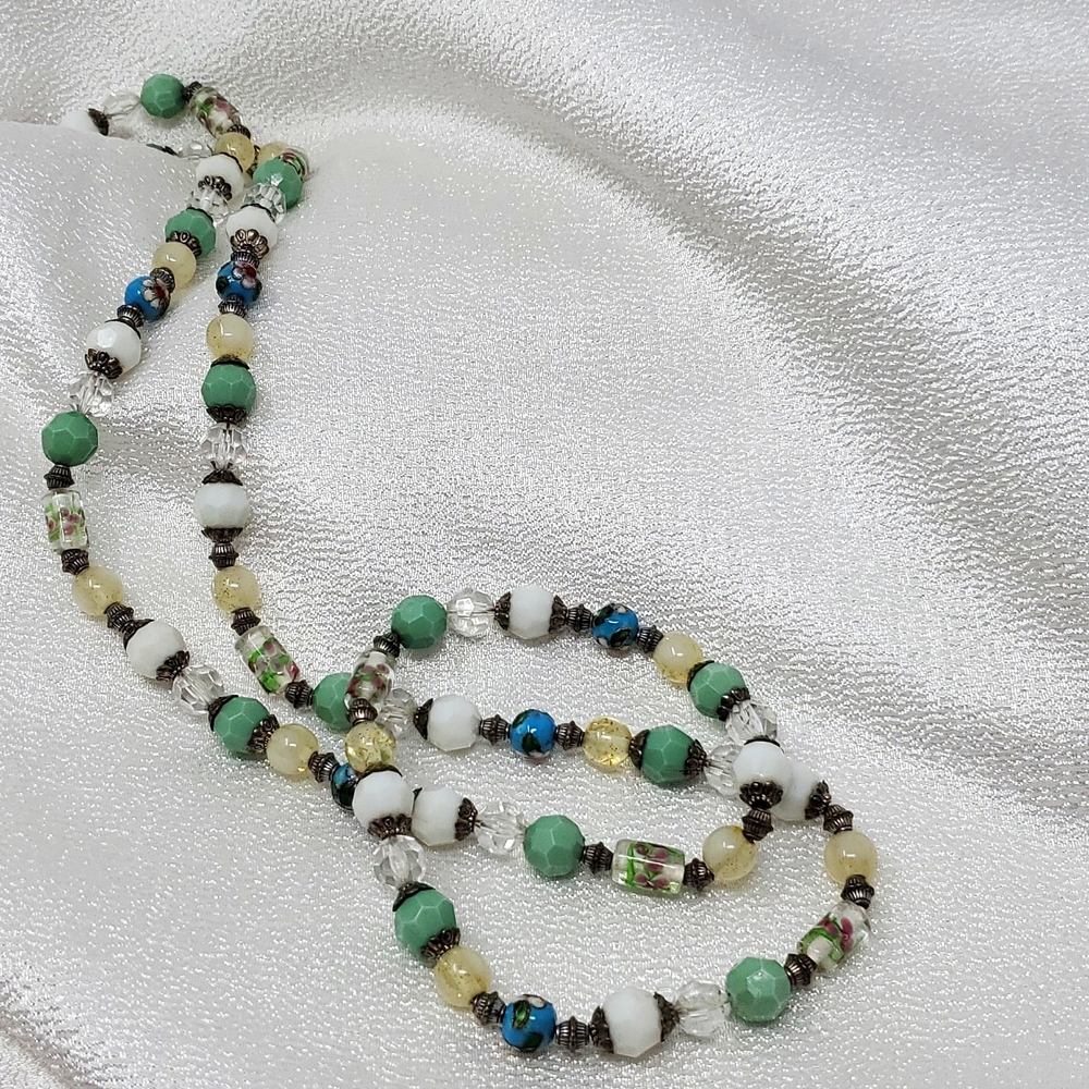 Painted Beaded Necklace Floral  Silver Spacers Green Blue